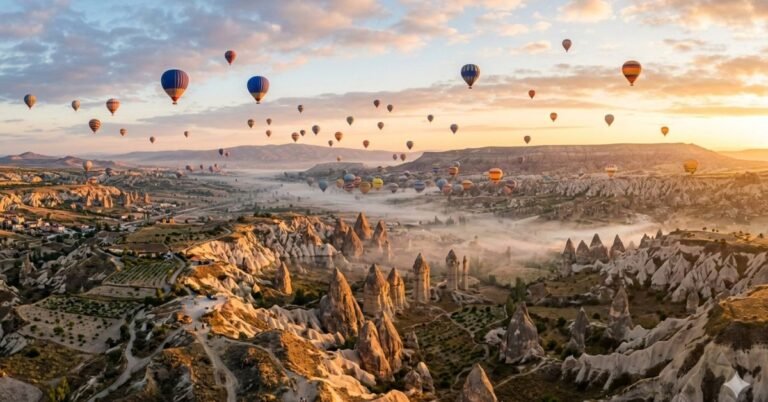 Cappadocia Travel Guide, Hot air balloons flying over Cappadocia fairy chimneys at sunrise