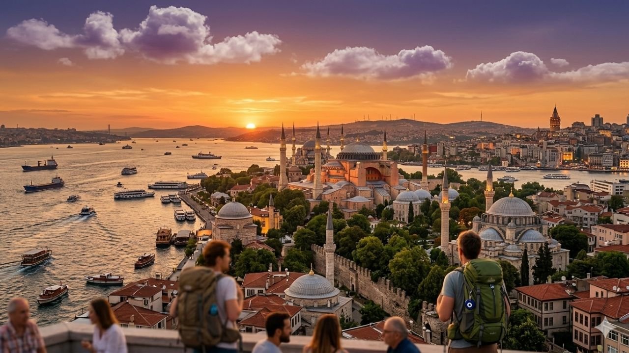 Istanbul skyline with Hagia Sophia and Bosphorus at sunset