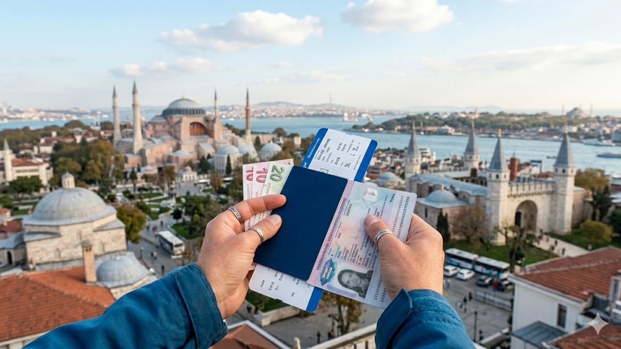 Turkey trip cost planning image with passport and Istanbul skyline