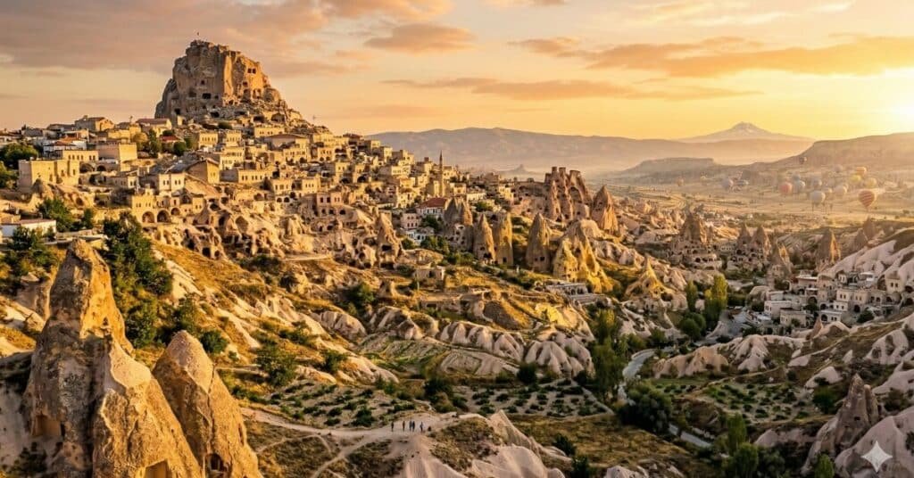 Uçhisar Castle panoramic view over Cappadocia