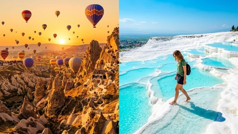 A collage of top Turkey tourist places including Cappadocia balloons and Istanbul mosques.