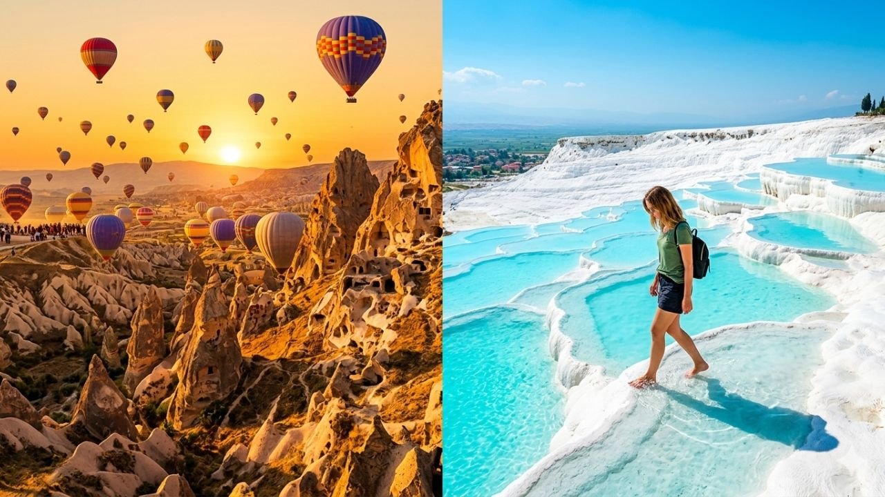 A collage of top Turkey tourist places including Cappadocia balloons and Istanbul mosques.