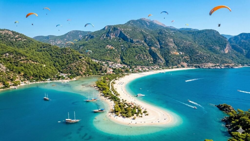 Aerial view of the turquoise Blue Lagoon at Oludeniz in Fethiye.