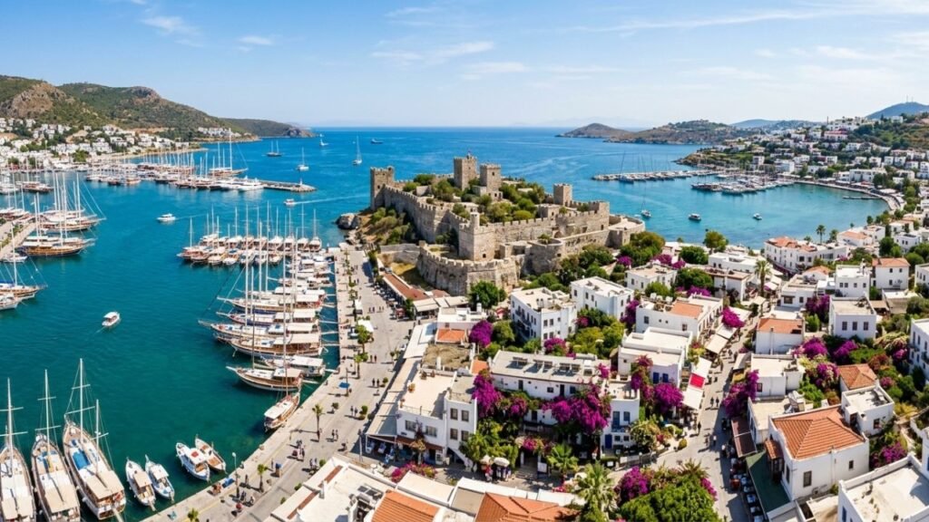 View of Bodrum Castle and luxury yachts in the marina, famous place in Turkey.
