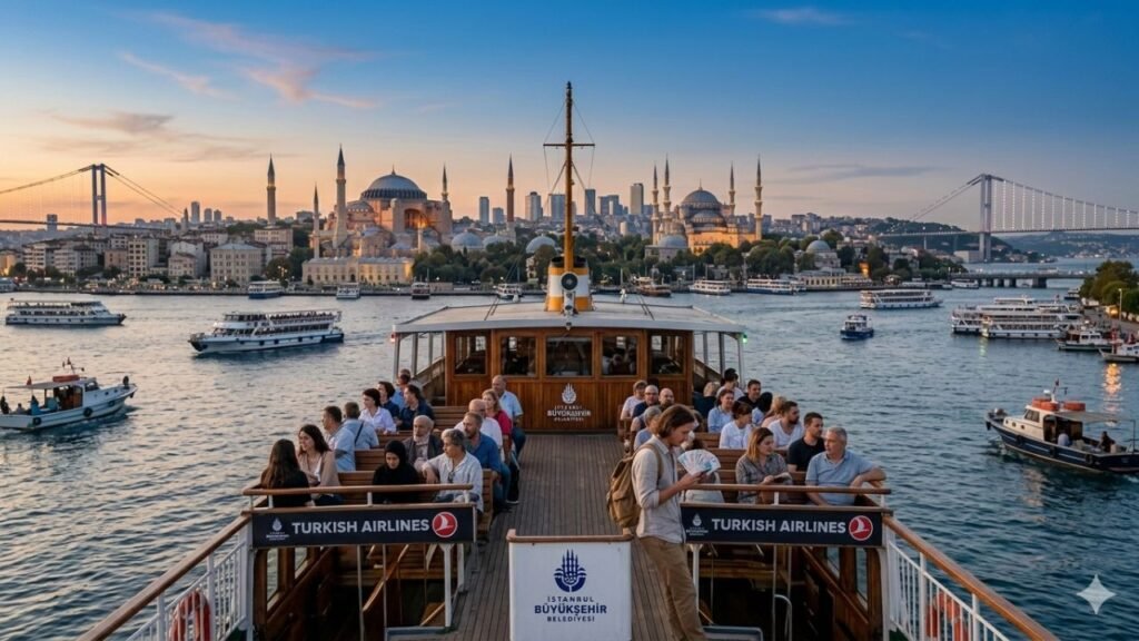 Bosphorus cruise boat between Europe and Asia in Istanbul