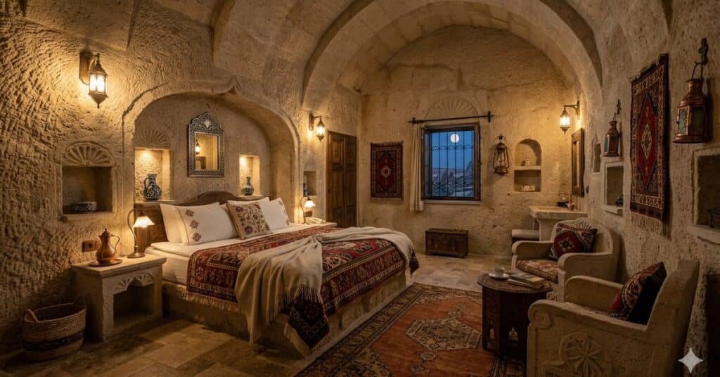 Interior of cave hotel room carved into rock in Cappadocia