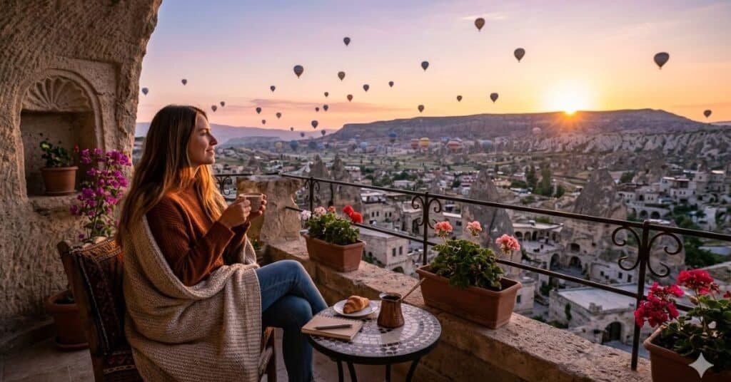 Hotel balcony view with hot air balloons in Cappadocia