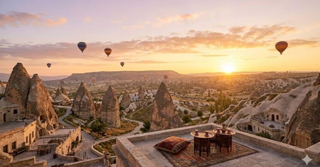 Sunset view of Cappadocia valley and fairy chimneys