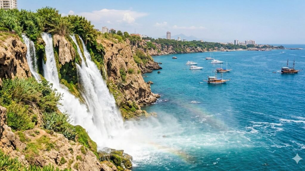 Lower Duden Waterfall falling into the Mediterranean Sea in Antalya