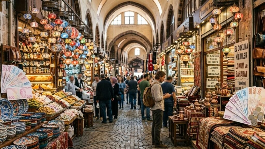 Grand Bazaar interior with colorful lanterns in Istanbul
