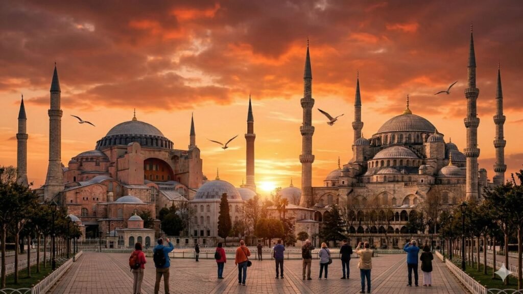 The iconic Hagia Sophia and Blue Mosque at sunset, a must visit place in Turkey