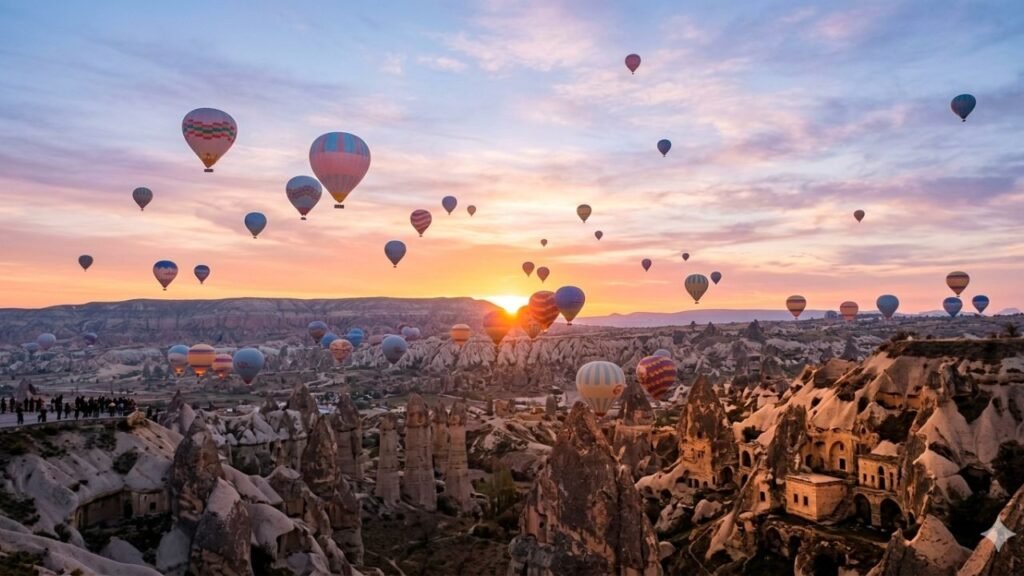 Colorful hot air balloons flying over fairy chimneys in Cappadocia, Turkey