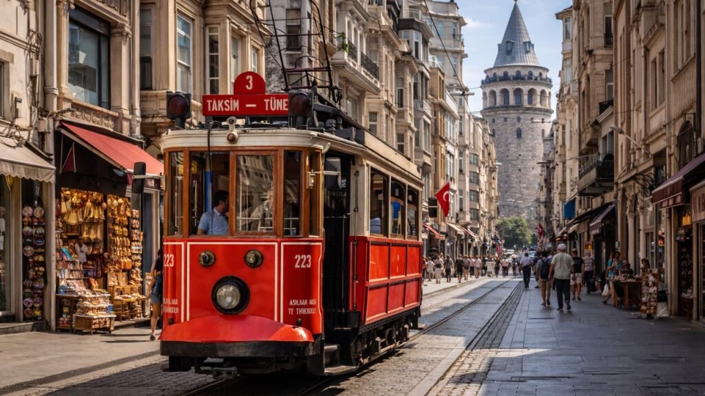 Red tram in historic Istanbul street