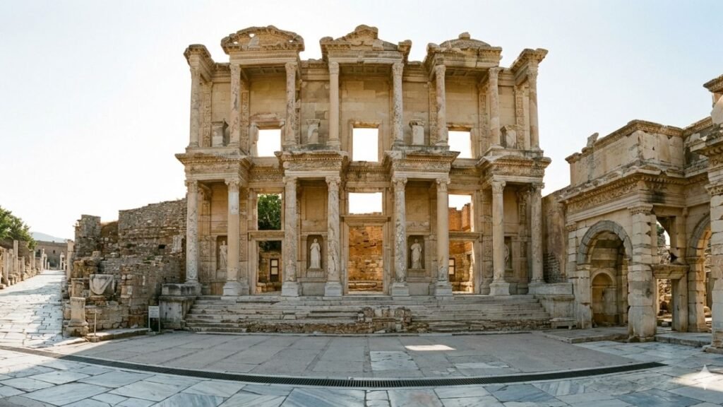 The historic Library of Celsus in the ancient Greek city of Ephesus, Turkey