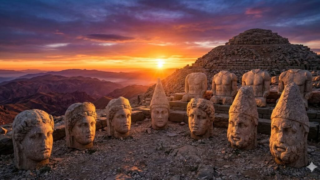 Ancient stone god heads on Mount Nemrut at sunrise, a top destination in Turkey.