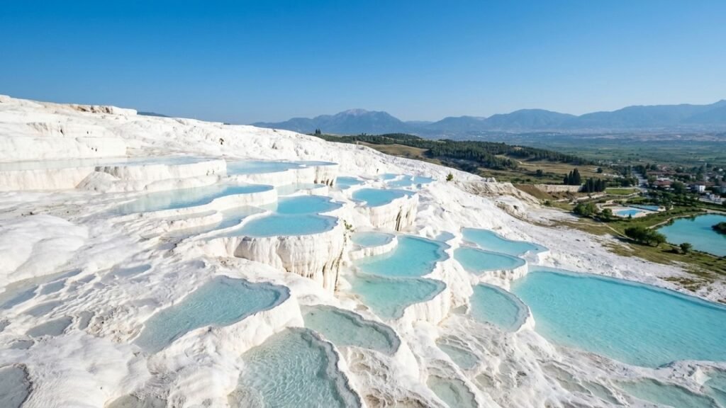 Pamukkale white travertine terraces and thermal pools in Turkey