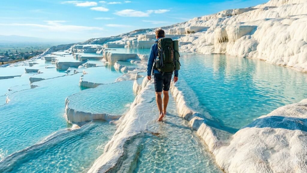 Travelers walking on the white calcium terraces of Pamukkale thermal springs