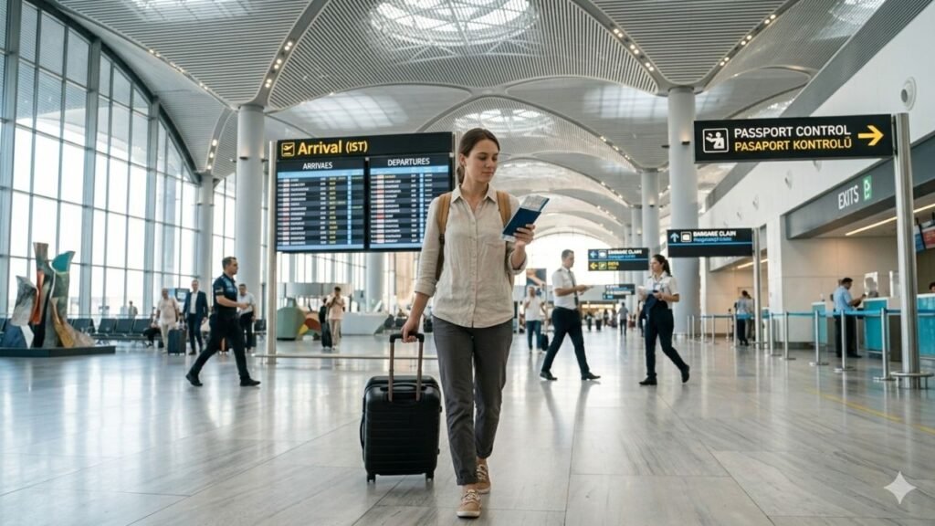 International traveler arriving at airport in Turkey