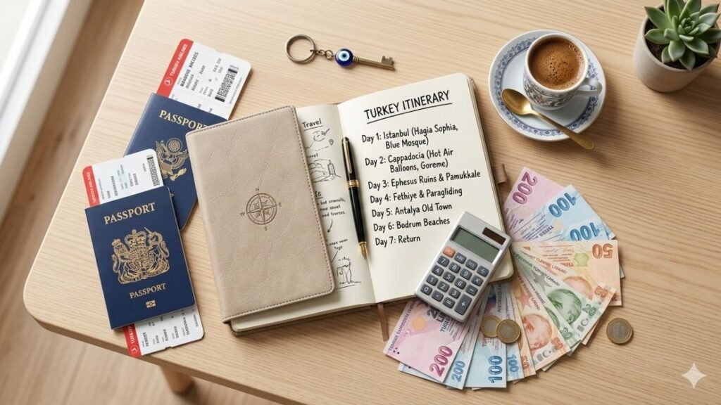 Turkey travel budget planning with notebook and Turkish currency