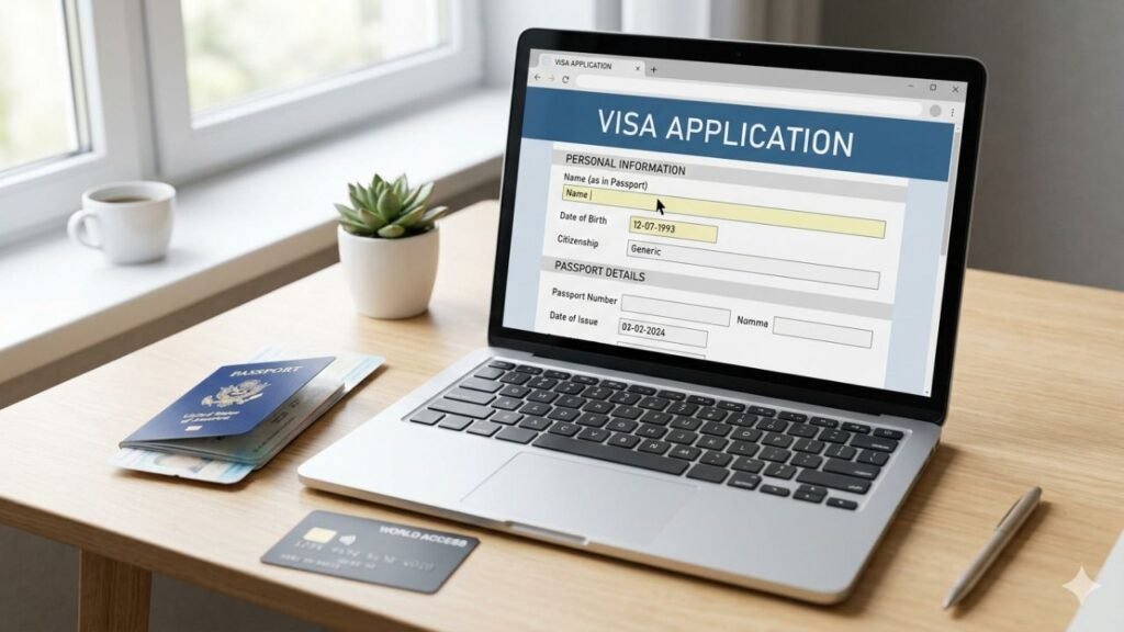 Applying for Turkey e-Visa online using laptop and passport