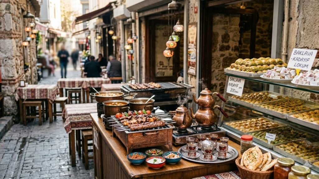 Turkish street food and traditional dishes in local restaurant
