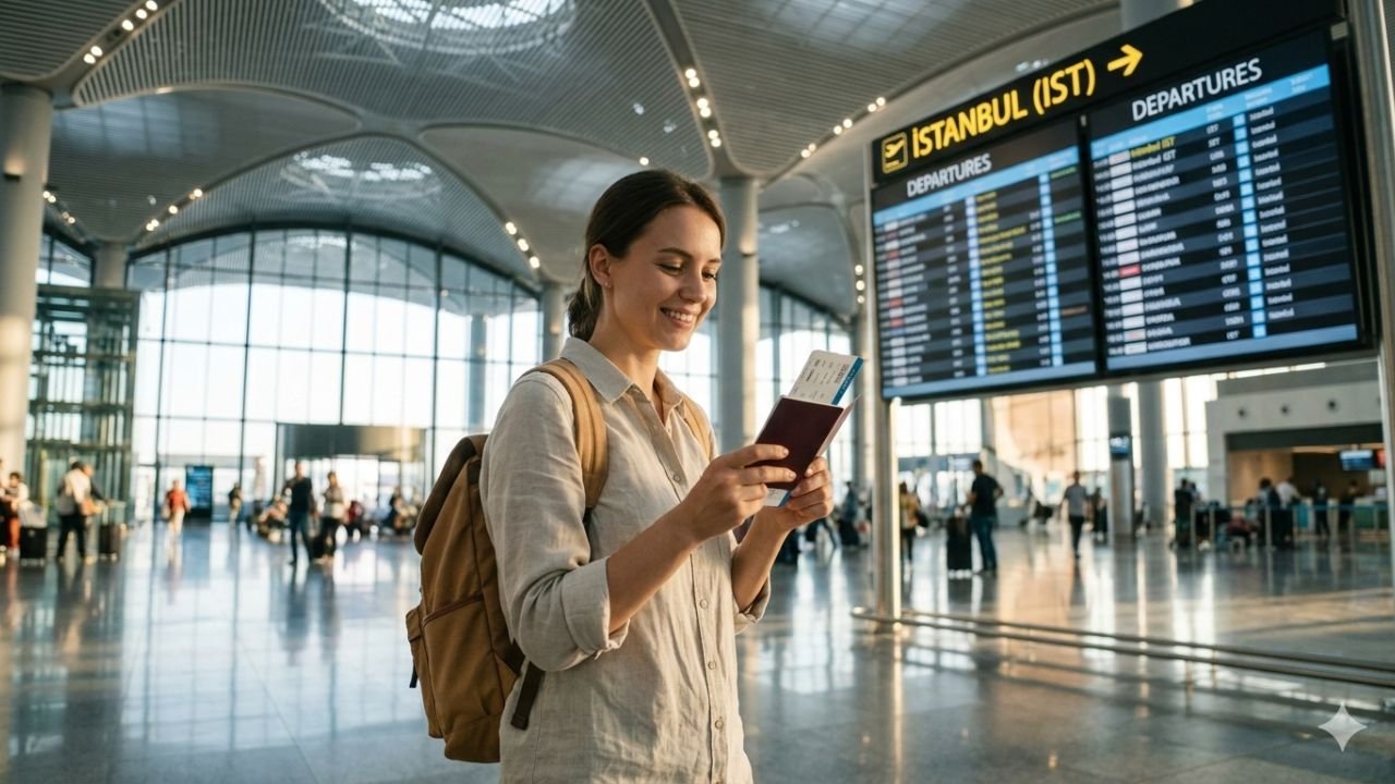 International traveler at airport preparing for Turkey trip