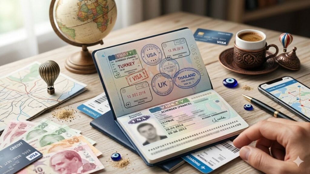 Passport with visa stamp for international travel
