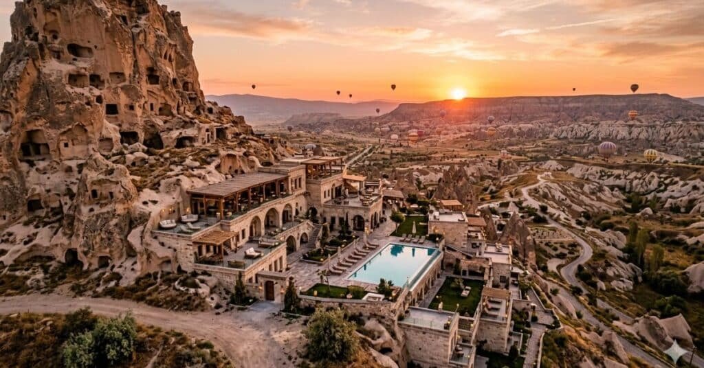 Luxury hotel view from Uçhisar overlooking Cappadocia valley