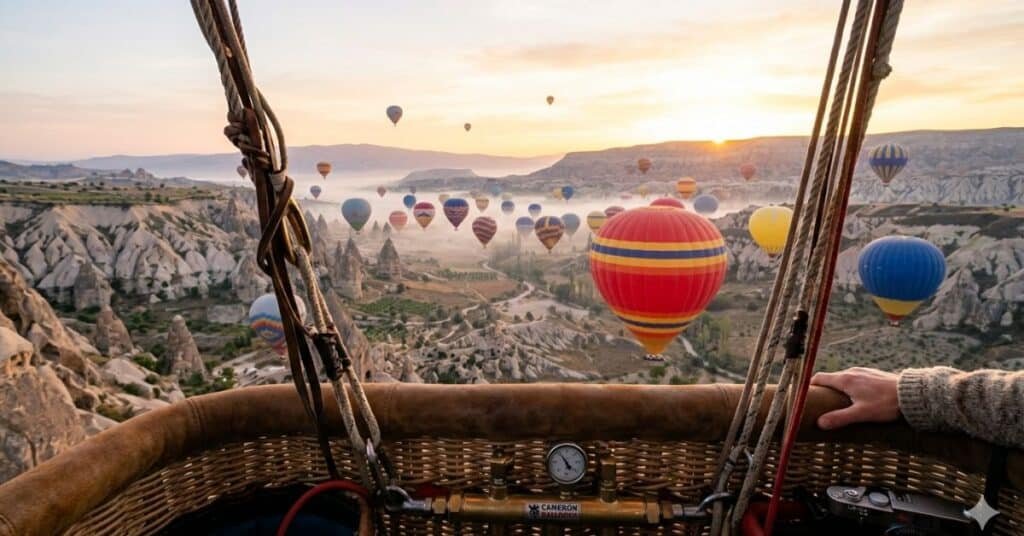 View from hot air balloon basket over Cappadocia landscape