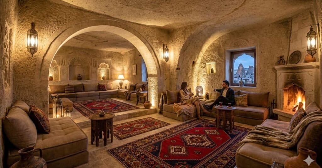 Cave hotel lounge with traditional decor in Cappadocia