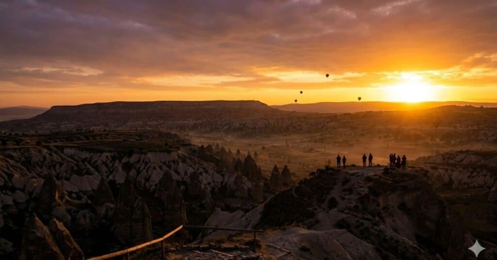 Sunset view over Cappadocia valley landscape