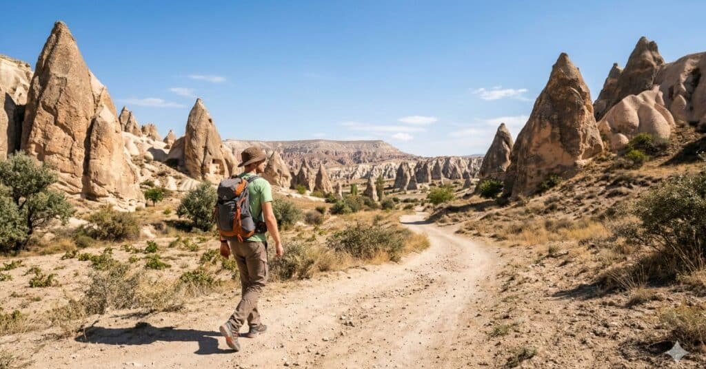 Traveler hiking through Cappadocia valley landscape