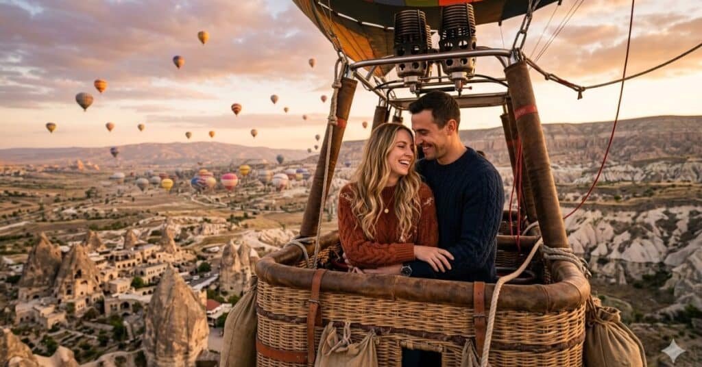 Couple enjoying hot air balloon ride in Cappadocia