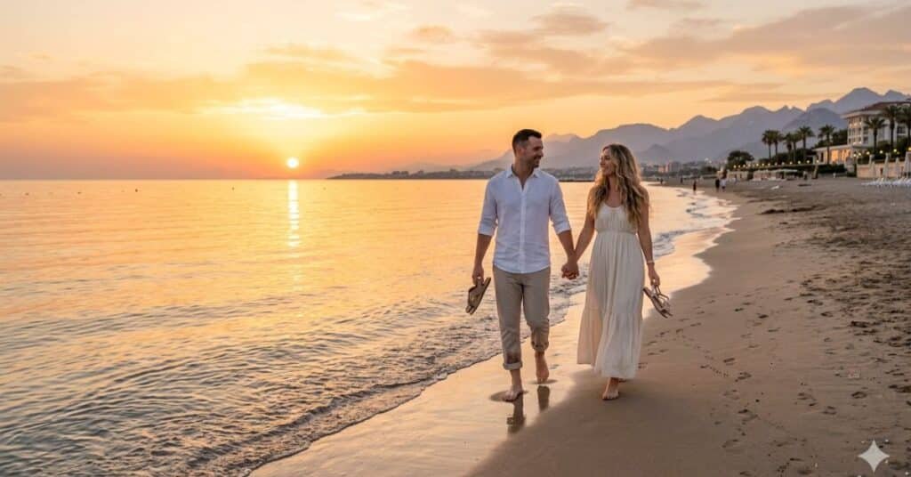 Couple walking on Antalya beach during sunset