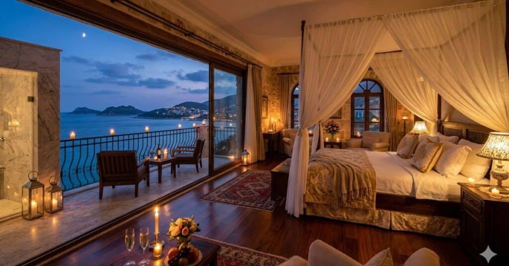 Luxury honeymoon hotel suite with sea view in Turkey