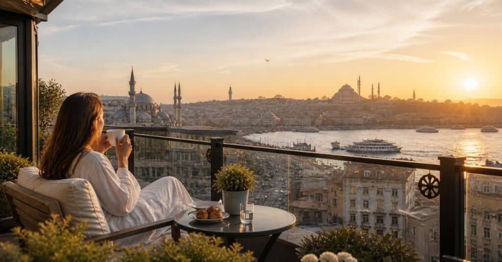 Hotel balcony view with Istanbul skyline and Bosphorus