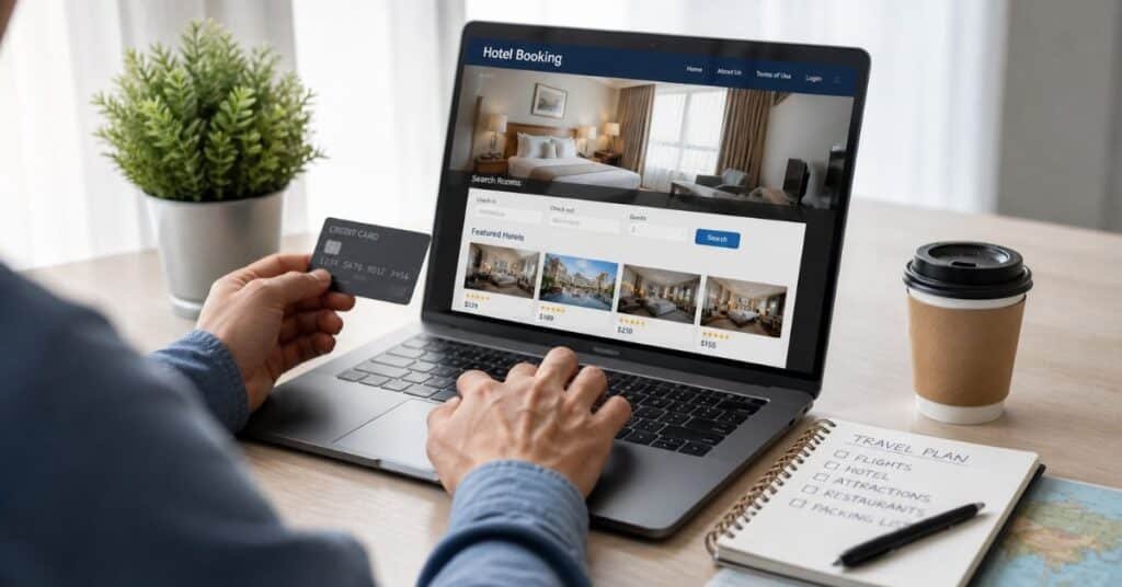 Booking hotel online for Istanbul trip using laptop