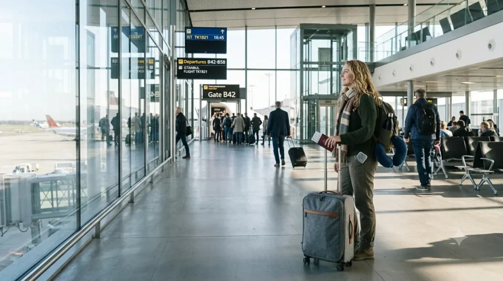 Traveler ready to begin a trip to Turkey with packed luggage