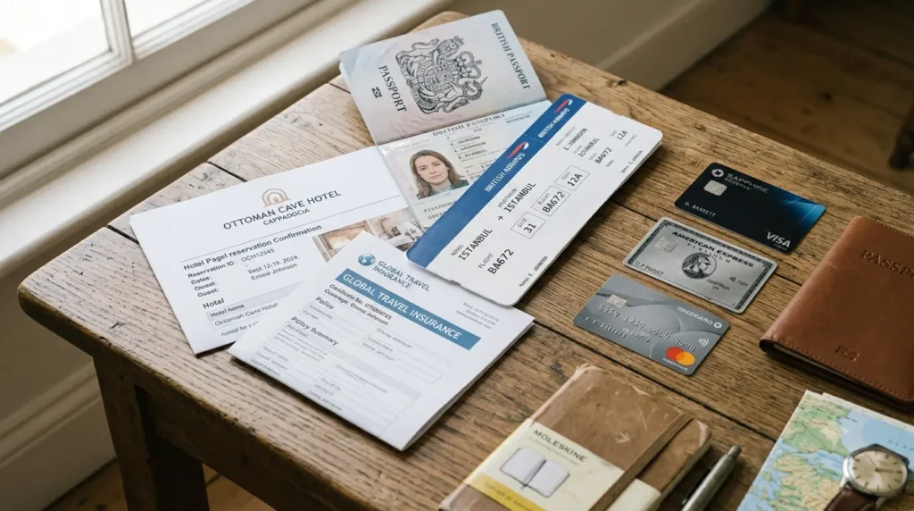 Travel documents including passport boarding pass and hotel reservation